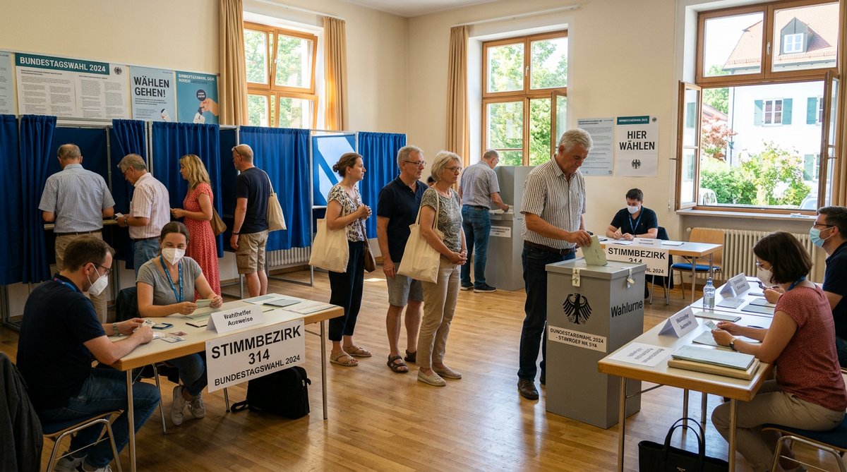 Stimmabgabe in der Wahlkabine bei einer Bundestagswahl in M&uuml;nchen