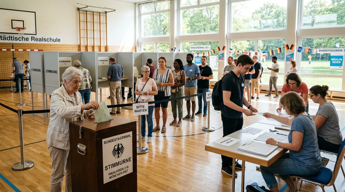 Wahllokal mit Stimmzettel und Urne