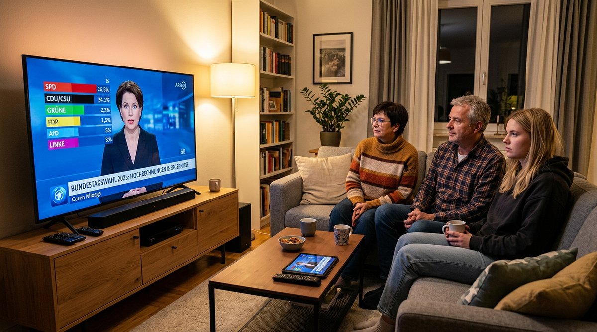 Wahlabend der Bundestagswahl 2025 im Wohnzimmer mit Fernseher und Ergebnissen